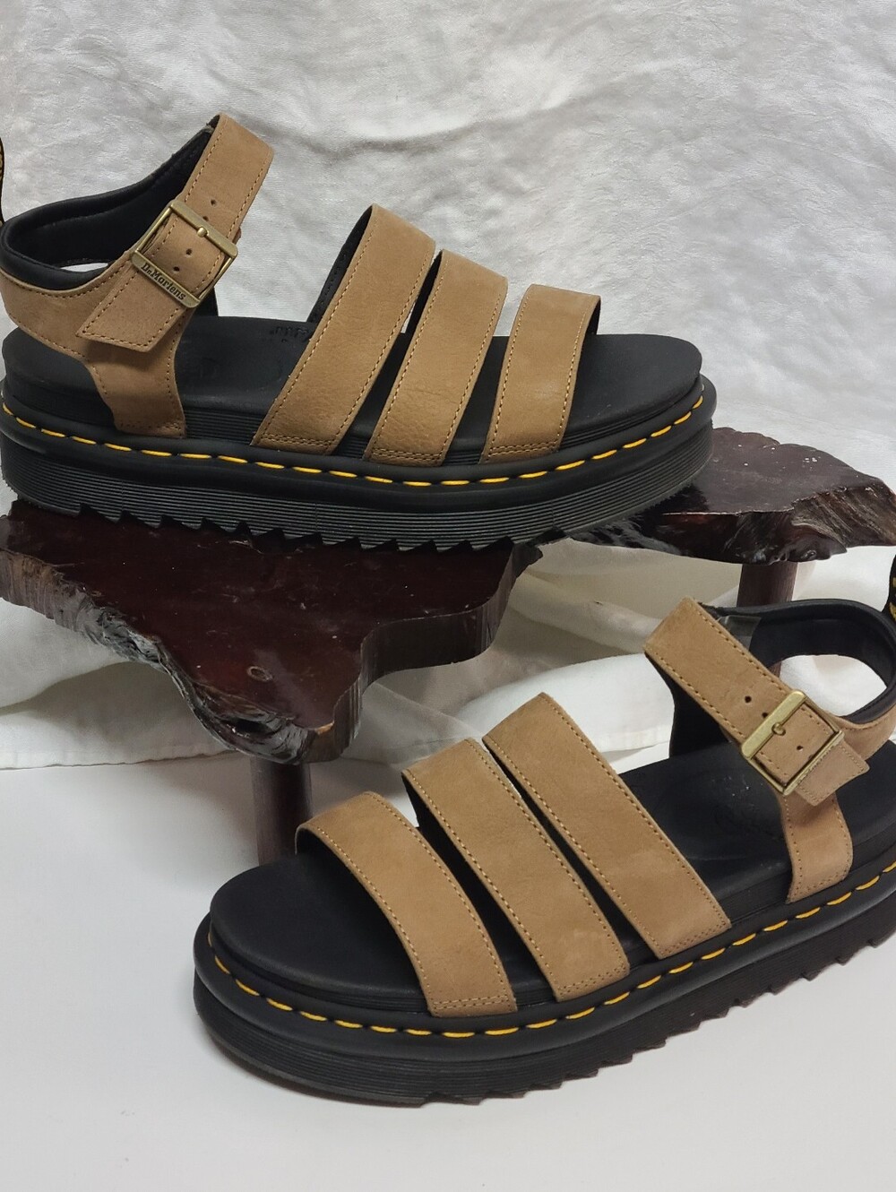 Dr. Martens Tan Multi-Strap Platform Sandals with Yellow Stitching